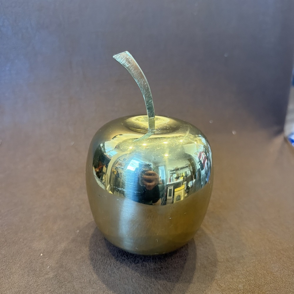 Vintage Solid Brass Apple Paperweight Desk Decor Polished Gold Tone 5.5" Tall